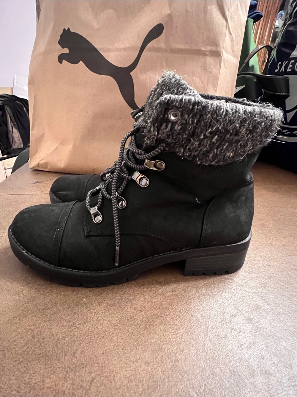 Universal Thread Black Lace-Up Ankle Boots with Gray Knit Cuff